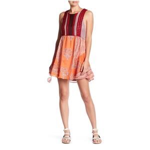 Free People Dress Womens Small Orange Red Katie Mini Paisley Floral Crochet Boho
